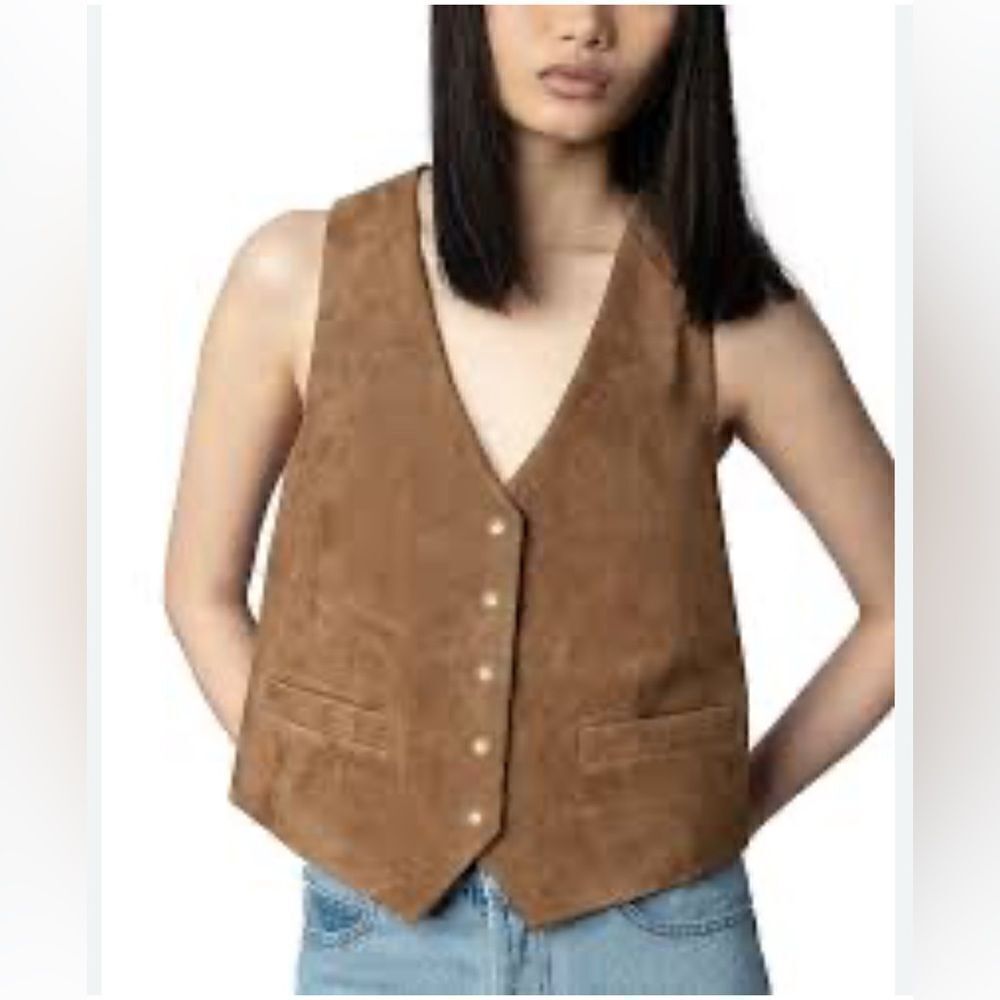 ZADIG & VOLTAIRE western vest EM Daim real Suede Leather vest in Cognac NWT 42